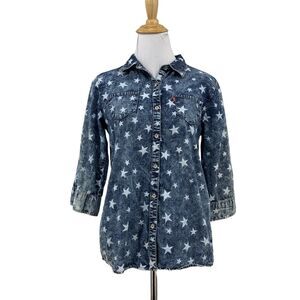Levis Star Print Denim Shirt Girls XL Extra Large Blue Button Up 3/4 Sleeves